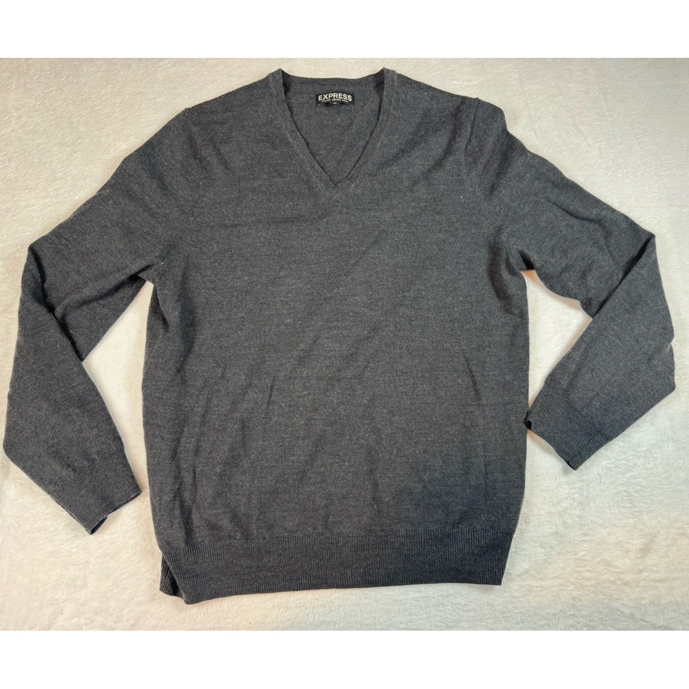 Express Men's Merino Wool Vneck Sweater Medium Black Classic Academia Cozy Comfy